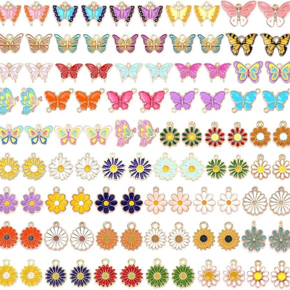 110Pcs/55 Pairs Mixed Flower Butterfly Charms for Jewelry Making, Assorted Gold - Picture 1 of 7